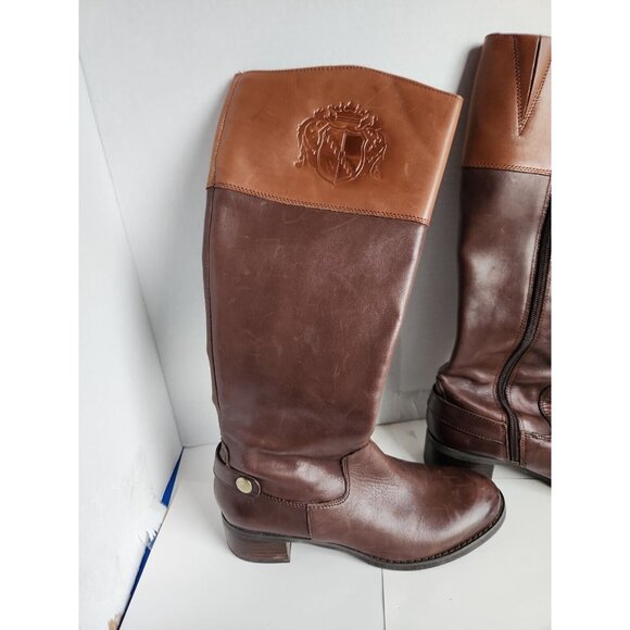 Franco Sarto Chipper Tall Black Brown Leather Riding Boots 7 Embossed Crest - Picture 2 of 7